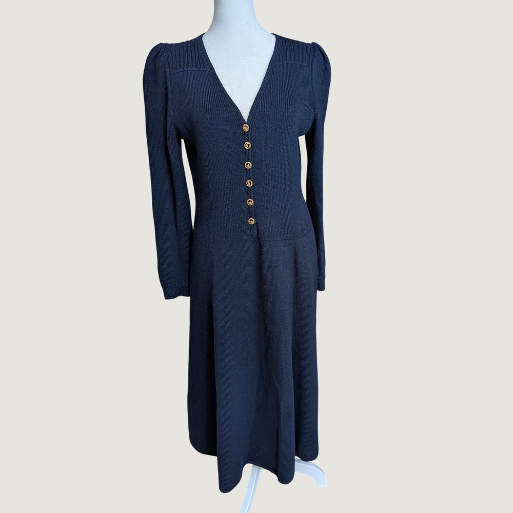 St John for Jacobsons 1970s/80s Vintage Navy Blue Knit‎ Midi Dress V-Neck